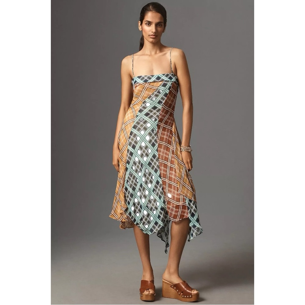 Anthropologie Maeve Sleeveless Asymmetric Plaid Patchwork Midi Slip Dress Medium - Picture 4 of 11